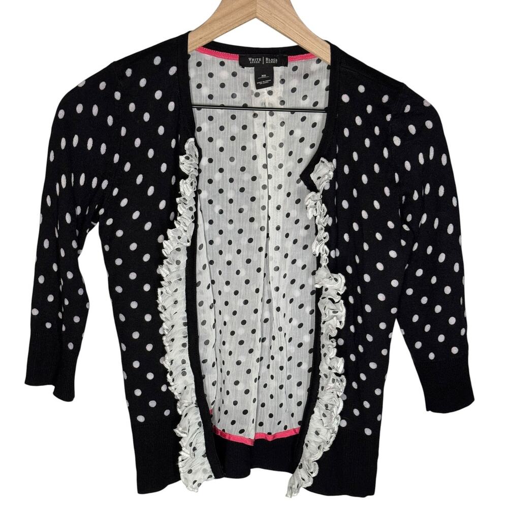 White House Black Market Black White Polka Dot Ruffle Cardigan XS 3/4 Sleeve